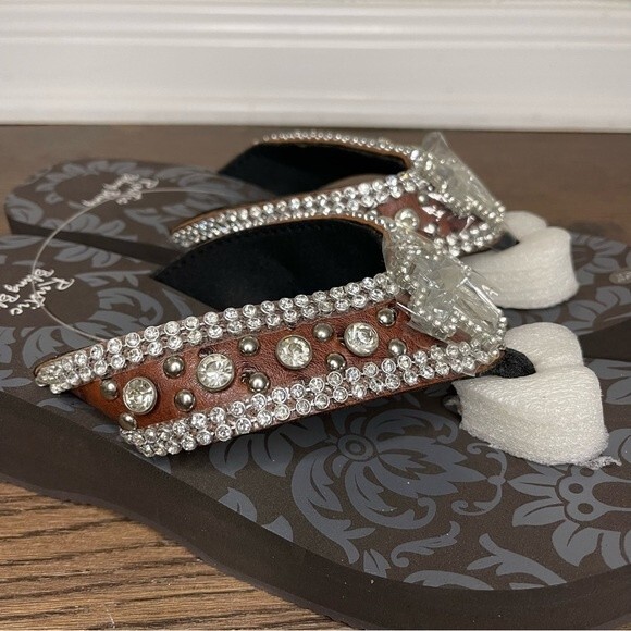 Rustic Bling Bling Wedge Flip Flops Brown Rhinestone Sandals XL- Brand New - Picture 8 of 13